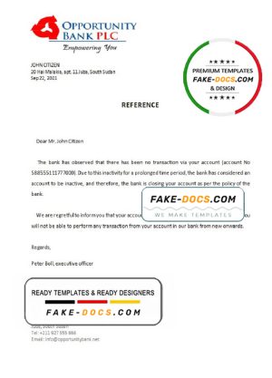 South Sudan Opportunity Bank bank account closure reference letter template in Word and PDF format