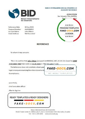Ecuador Banco Interamericano de Desarrollo (BID) bank account closure reference letter template in Word and PDF format