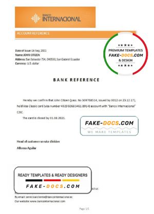 Ecuador Banco Internacional bank account closure reference letter template in Word and PDF format