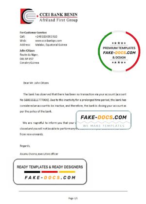 Equatorial Guinea CCEI Bank Benin bank account closure reference letter template in Word and PDF format