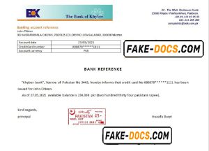 Pakistan Khyber bank account reference letter template in Word and PDF format