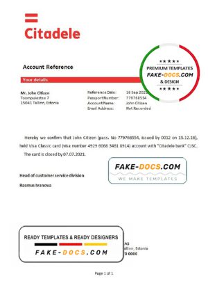Estonia Citadele banka Eesti filiaal AS template of bank account closure reference letter, Word and PDF format (.doc and .pdf)