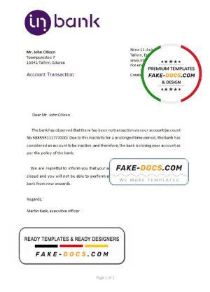 Estonia Inbank bank account closure reference letter template in Word and PDF format