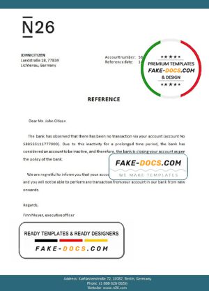 Germany N26 bank account closure reference letter template in Word and PDF format