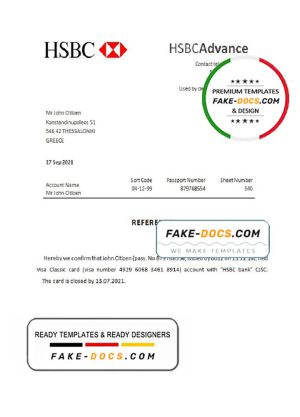 Greece HSBC bank account closure reference letter template in Word and PDF format