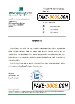 Lebanon Emirates Lebanon Bank bank account reference letter template in Word and PDF format