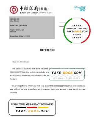Hong Kong Bank of China bank account closure reference letter template in Word and PDF format