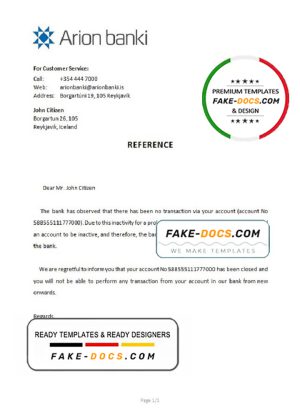 Iceland Arion bank account closure reference letter template in Word and PDF format
