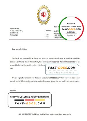 Iran Melli bank account closure reference letter template in Word and PDF format