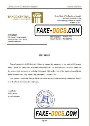 Dominica Central Bank Of The Dominican Republic bank account balance reference letter template in Word and PDF format