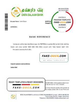 Somalia Dara Salaam Bank bank account closure reference letter template in Word and PDF format