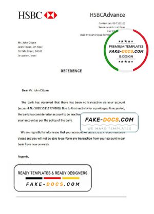 Israel HSBC bank account closure reference letter template in Word and PDF format