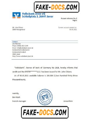 Germany Volksbank bank account reference letter template in Word and PDF format