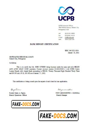 Philippines UCPB bank deposit certification letter in Word and PDF format