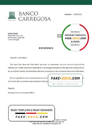 Portugal Banco Carregosa bank account closure reference letter template in Word and PDF format