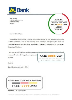 Jamaica National bank account closure reference letter template in Word and PDF format