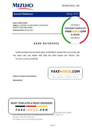 Japan Mizuho bank account closure reference letter template in Word and PDF format