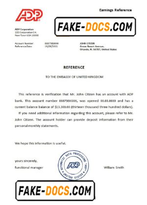 USA ADP bank account reference letter template in Word and PDF format