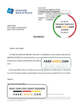 Korea Industrial Bank of Korea bank account closure reference letter template in Word and PDF format