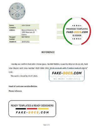 Liberia Central Bank of Liberia bank account closure reference letter template in Word and PDF format