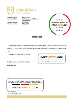Liechtenstein Union Bank bank account closure reference letter template in Word and PDF format