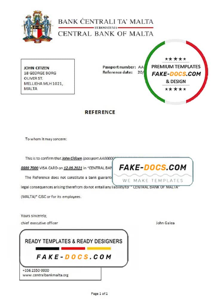 Malta Central Bank of Malta bank account closure reference letter