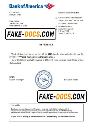 USA Bank of America bank account reference letter template in Word and PDF format
