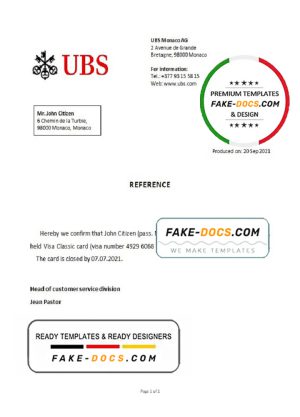 Monaco UBS bank account closure reference letter template in Word and PDF format