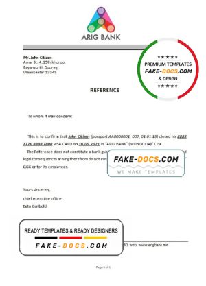 Mongolia Arig Bank bank account closure reference letter template in Word and PDF format