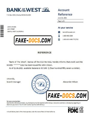 USA Bank of the West bank account reference letter template in Word and PDF format