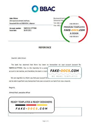 Lebanon Bank of Beirut and the Arab Countries bank account closure reference letter template in Word and PDF format