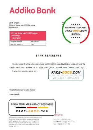 Montenegro Addiko Bank bank account closure reference letter template in Word and PDF format