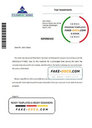 Montenegro Atlasmont banka bank account closure reference letter template in Word and PDF format