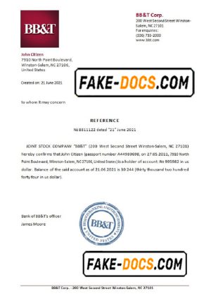 USA BB&T bank account reference letter template in Word and PDF format