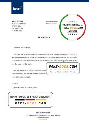 New Zealand BNZ bank account closure reference letter template in Word and PDF format