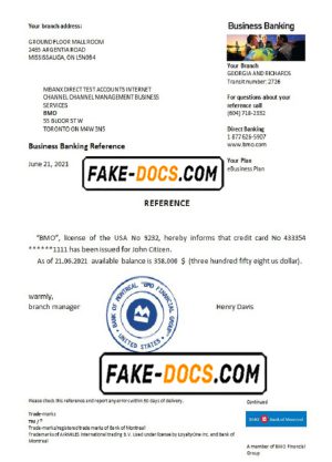 USA BMO bank account reference letter template in Word and PDF format