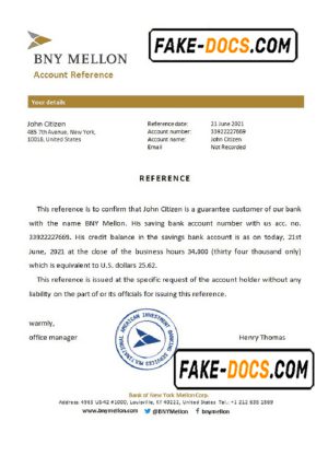 USA BNY Mellon bank account reference letter template in Word and PDF format