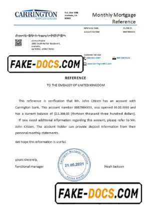 USA Carrington bank account reference letter template in Word and PDF format
