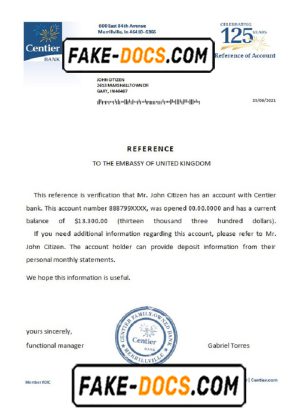 USA Centier Bank bank account reference letter template in Word and PDF format
