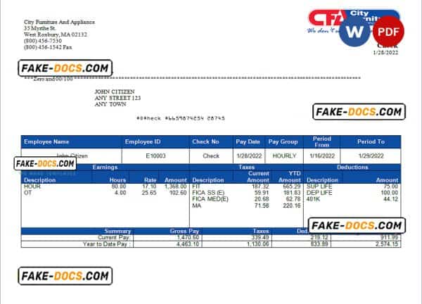 USA furniture & appliances employee sheet template in Word and PDF format
