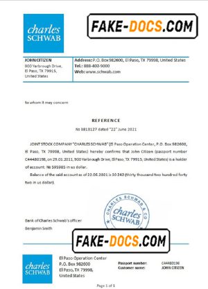 USA Charles Schwab bank reference letter template in Word and PDF format
