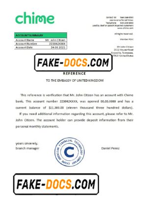USA Chime bank reference letter template in Word and PDF format