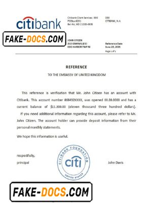 USA Citibank bank account reference letter template in Word and PDF format