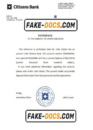 USA Citizens Bank bank account reference letter template in Word and PDF format