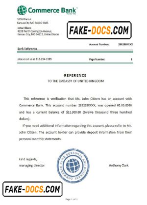 USA Commerce Bank bank account reference letter template in Word and PDF format