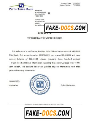 USA Fifth Third Bank bank account reference letter template in Word and PDF format