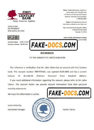 USA First Century Bank bank account reference letter template in Word and PDF format