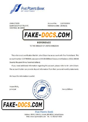 USA Five Points Bank bank account reference letter template in Word and PDF format