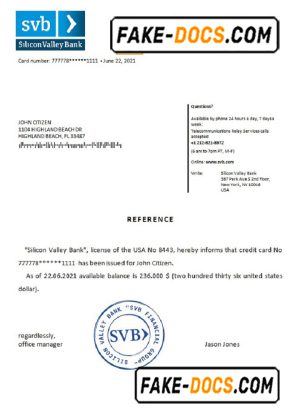 USA Silicon Valley Bank bank account reference letter template in Word and PDF format