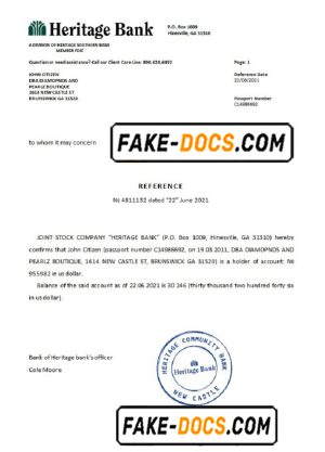 USA Heritage Bank bank account reference letter template in Word and PDF format